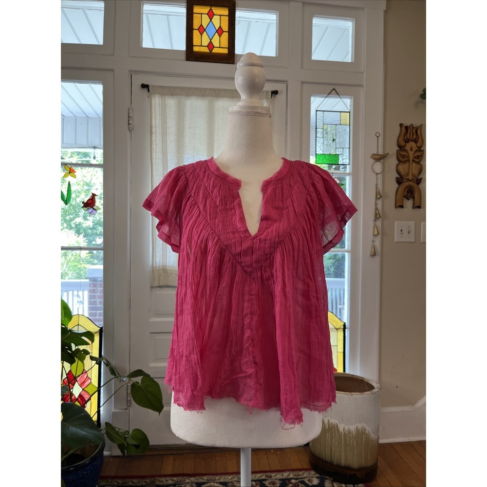 Free People One S Pink 100% Cotton Gauze Boho Top Pintuck Flutter Raw Edge